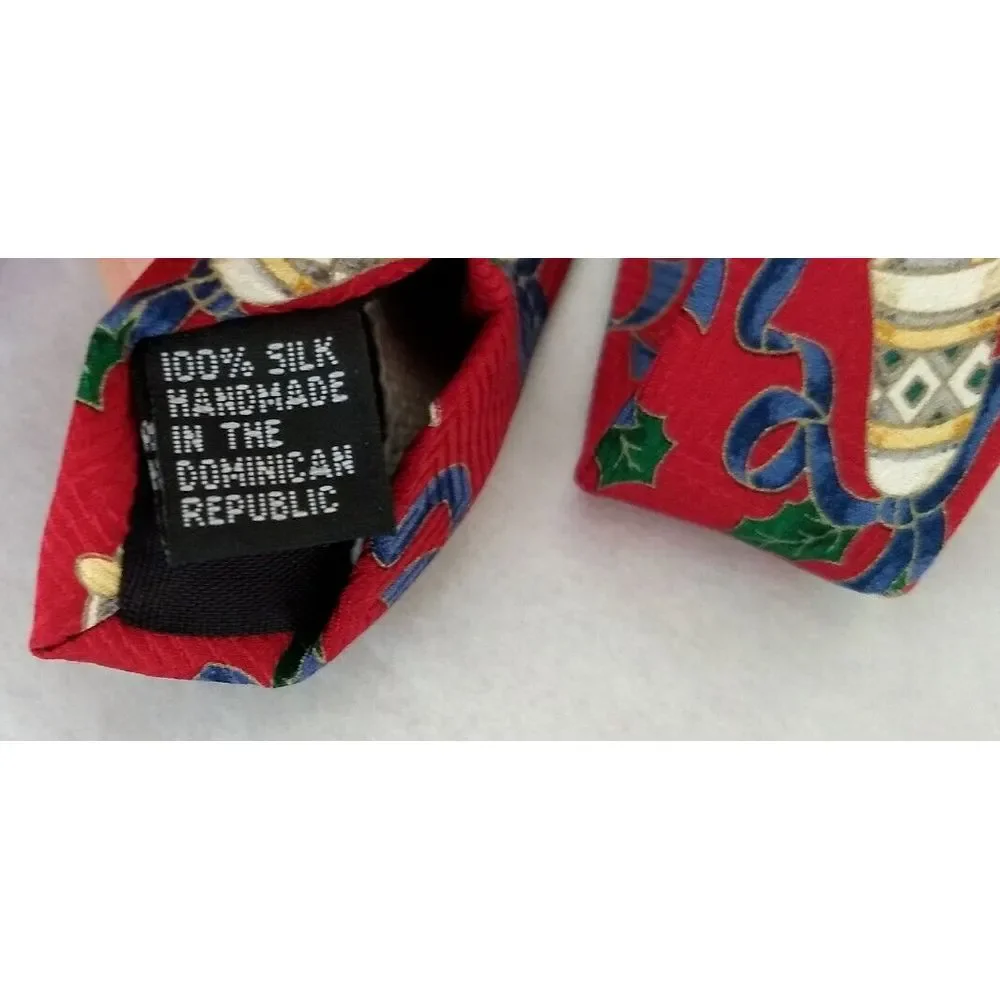 CLAYBROOKE 100% Silk‎ Red Neck Tie Christmas Collection Handmade Bells & Ribbon